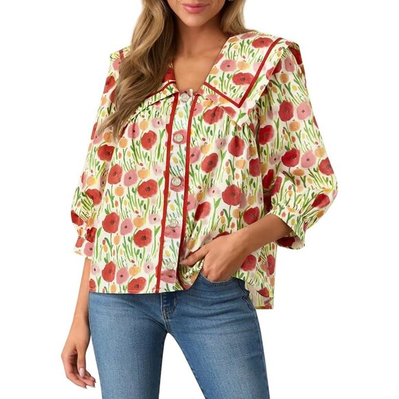 Women's Cotton Button Down Shirt 3/4 Sleeve Floral V Neck Office Casual